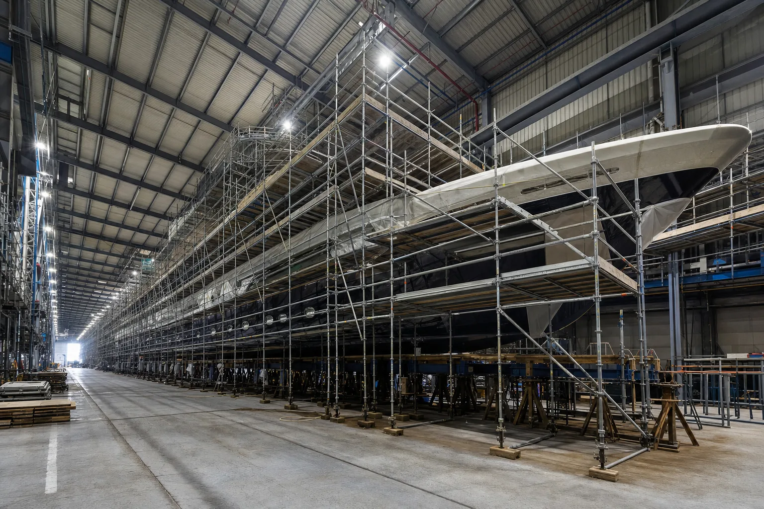 A large yacht hull under scaffolding inside a covered refit shed